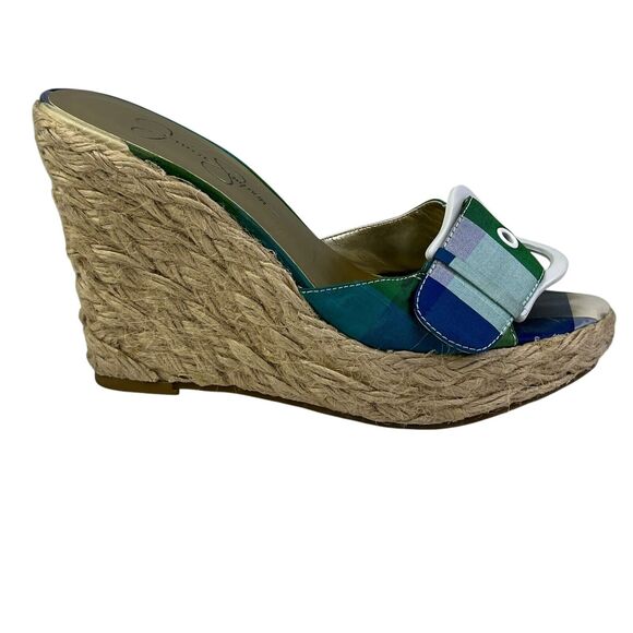 JESSICA SIMPSON Wedge Heels Pink Blue Green Plaid Buckle Open Toe GALVIN Sz 6 B - Picture 2 of 12